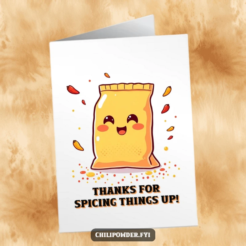 Funny Free Printable Thank You Card: A happy Kawaii chili powder bag scattering colorful spices, conveying heartfelt gratitude.