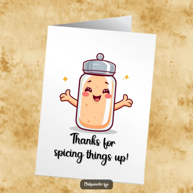 Funny Free Printable Thank You Card showcasing a kawaii chili powder shaker with a beaming smile and open arms. Expressing thanks with delight.