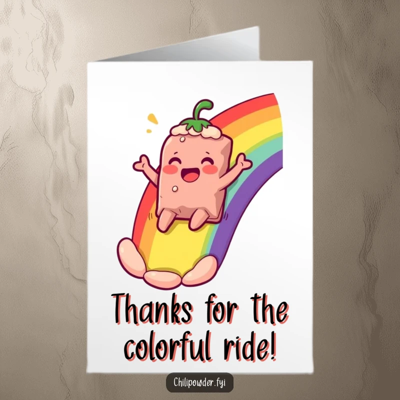 Funny Free Printable Thank You Card: Chili bag comically sliding down a rainbow, cheering with thanks.