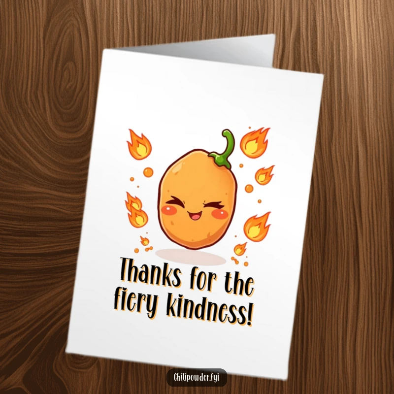 Funny free printable thank you card with a single chili powder grain winking and juggling small fiery icons.