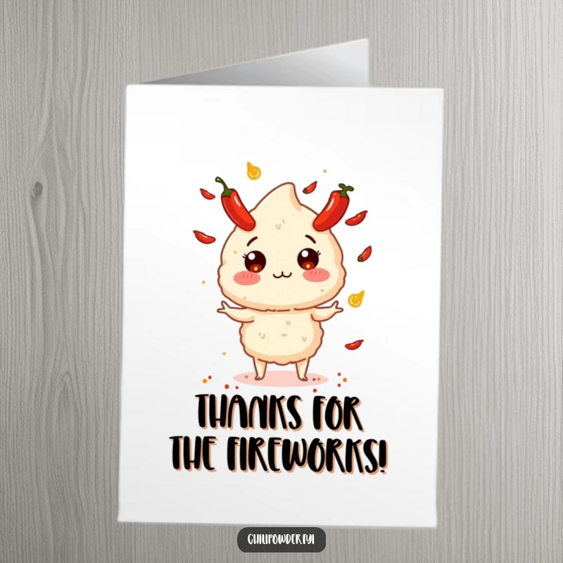 Funny Free Printable Thank You Card: Chili puff juggling tiny exploding peppers, a grateful grin.