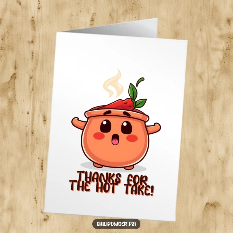 Funny free printable thank you card: a chili powder pot expressing surprise with steam. Unique gratitude.