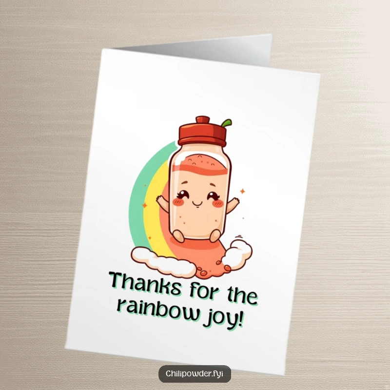 Funny free printable thank you card of a chili powder shaker with a playful smirk on a rainbow slide.
