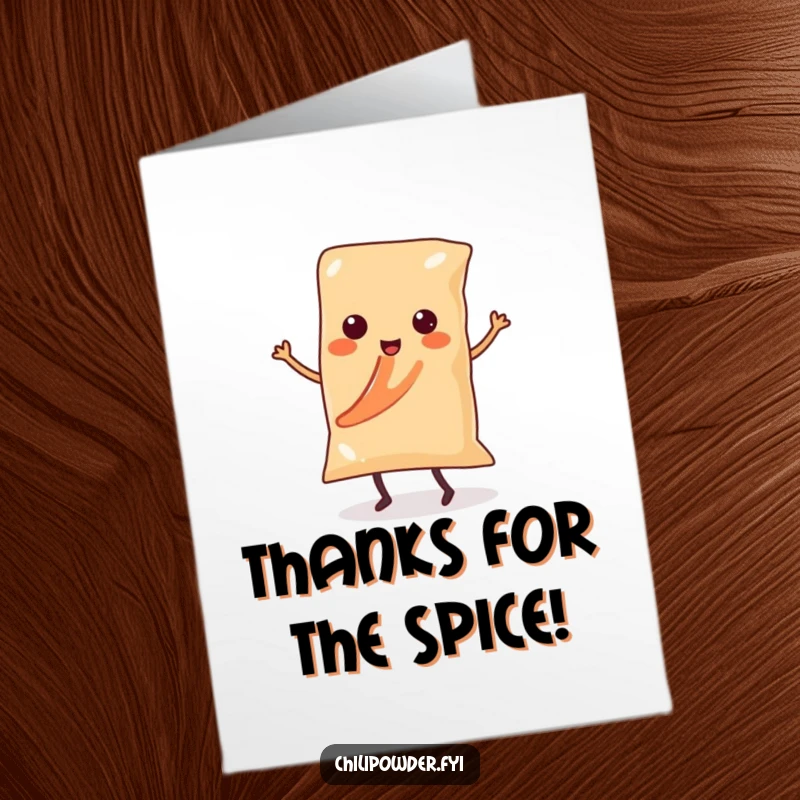 Funny Free Printable Thank You Card: A kawaii chili powder bag with tiny legs salsa dancing, expressing thanks with energetic flair. Hilarious and heartfelt.