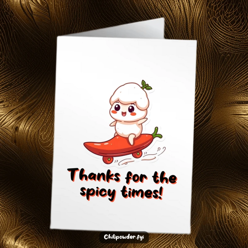 Funny Free Printable Thank You Card: Chili puff surfer riding a pepper, sending thanks.