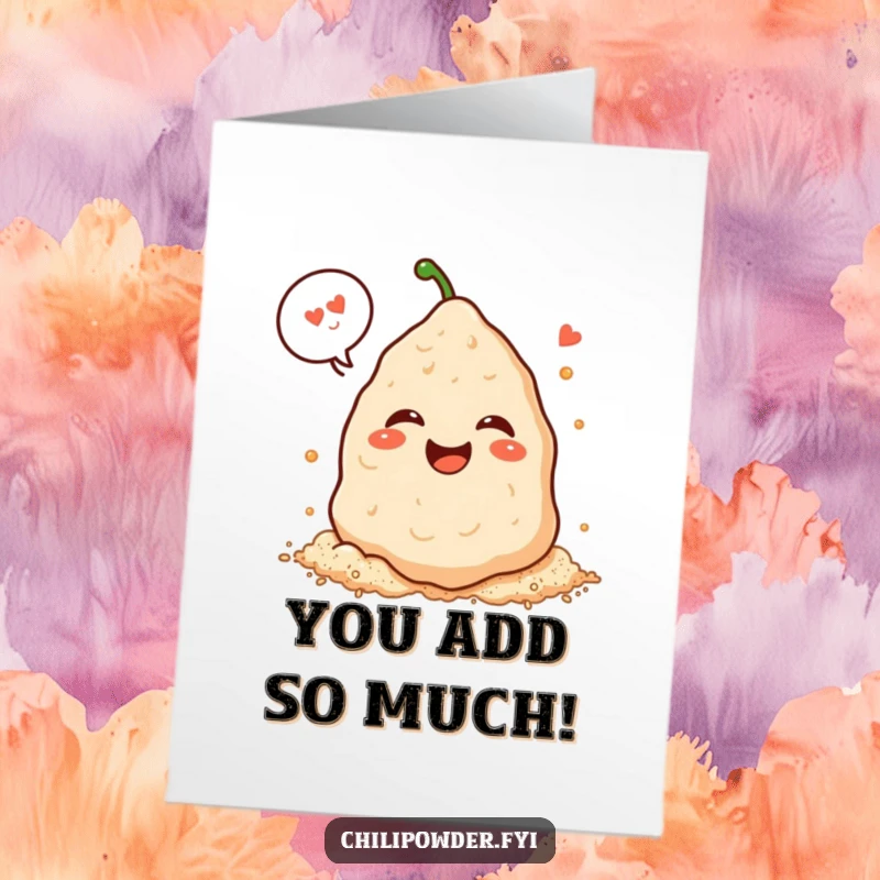 Funny Free Printable Thank You Card: A kawaii chili powder pile laughing heartily, expressing thanks with infectious joy. Humorous and appreciative.