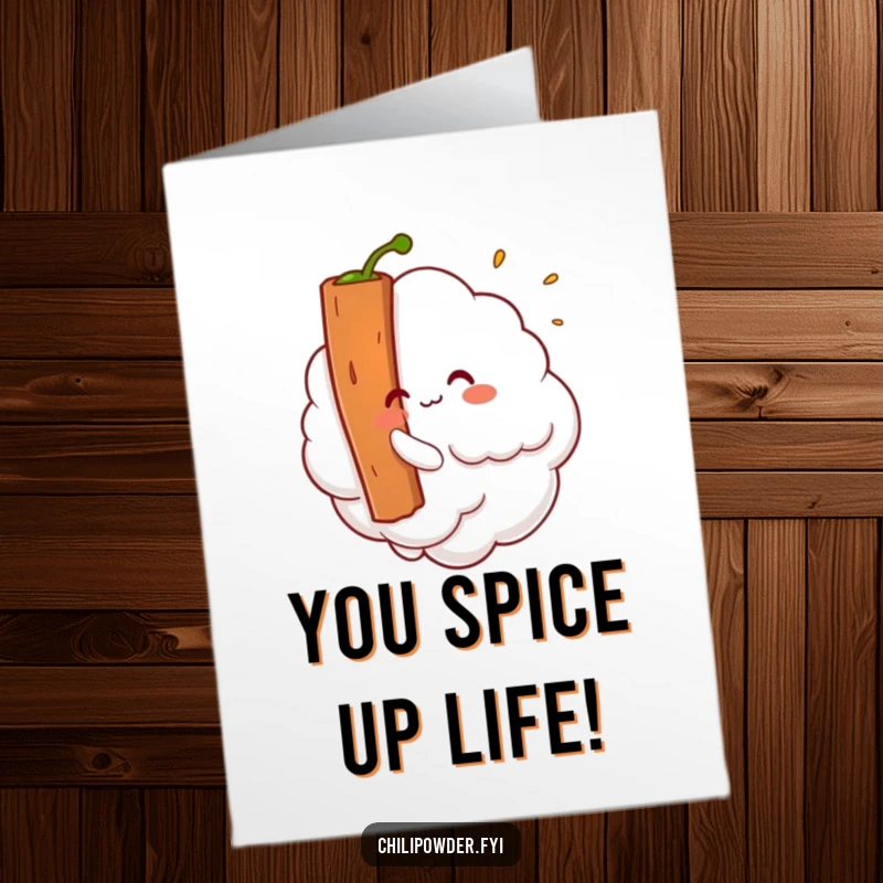 Funny Free Printable Thank You Card: Kawaii chili powder cloud playfully tickles a giant cinnamon stick as a humorous thank you.