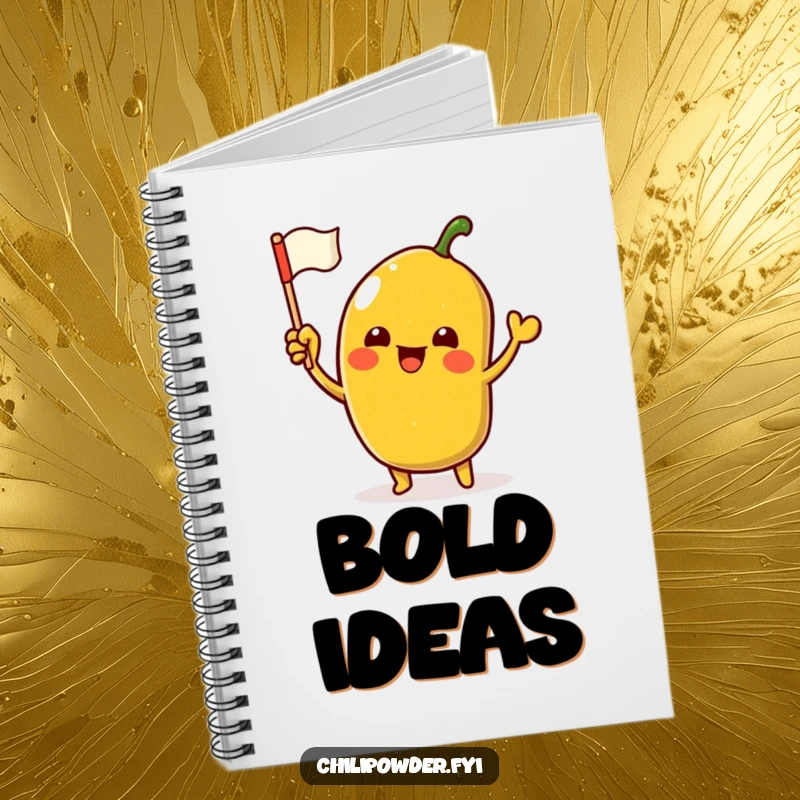 Funny Notebook featuring an excited kawaii chili powder character waving a miniature flag, ideal for capturing thoughts.