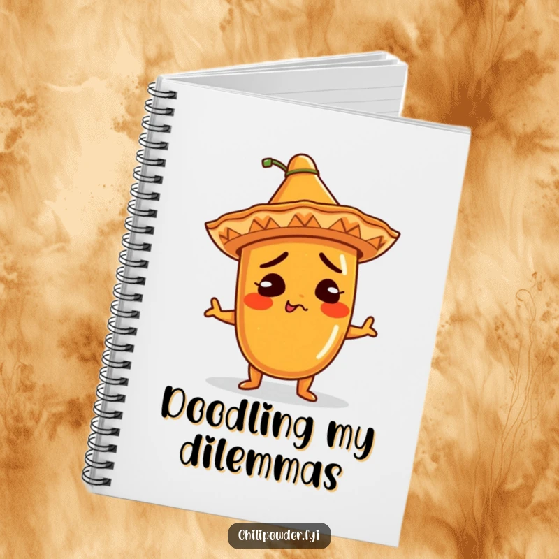 Funny Notebook: Kawaii chili powder character with a mini sombrero, shrugging whimsically, perfect for jotting down notes with a humorous and charming cover.
