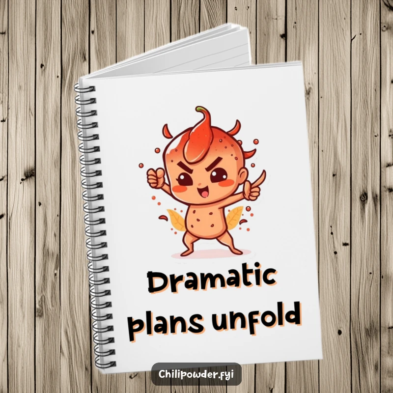 Funny notebook with a chili powder character in a dramatic, spicy pose, inspiring bold thoughts and creative writing.