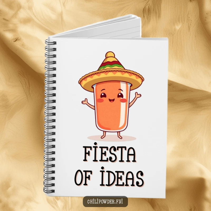 Funny chili powder container with sombrero dancing samba on a notebook, inspiring festive and spicy ideas.