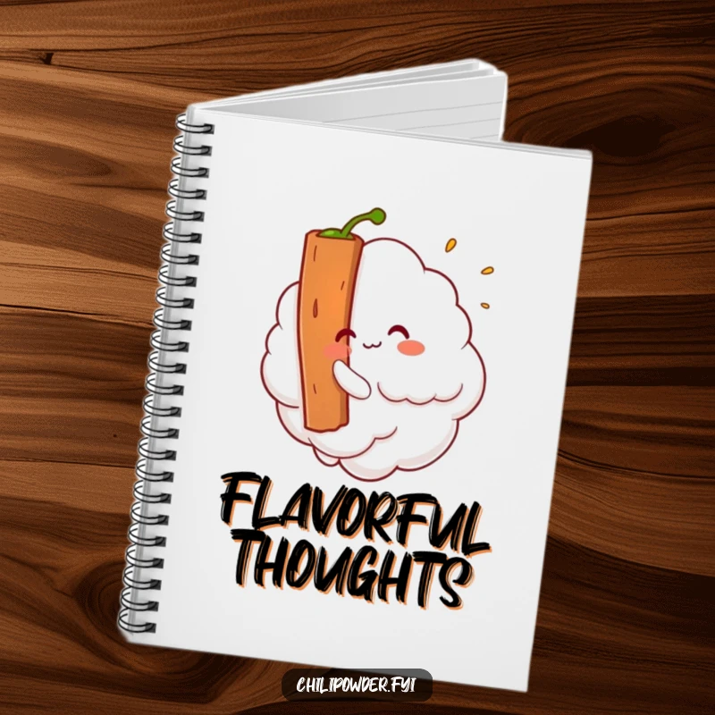 Funny Kawaii chili powder cloud tickling a cinnamon stick on a notebook cover, encouraging whimsical notes.