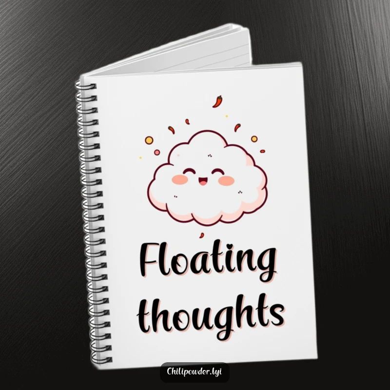 Funny chili powder cloud giggling on a notebook cover, inspiring joyful and happy thoughts.
