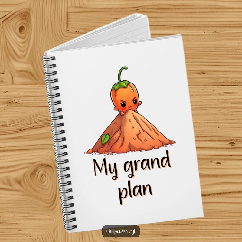 Funny Notebook: A determined chili powder element character scales a tiny pepper mountain, perfect for outlining conquering strategies.