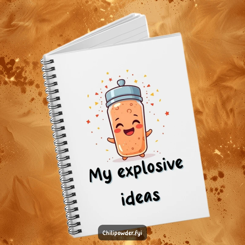 Funny chili powder shaker erupting in confetti, a humorous notebook for jotting down party plans.