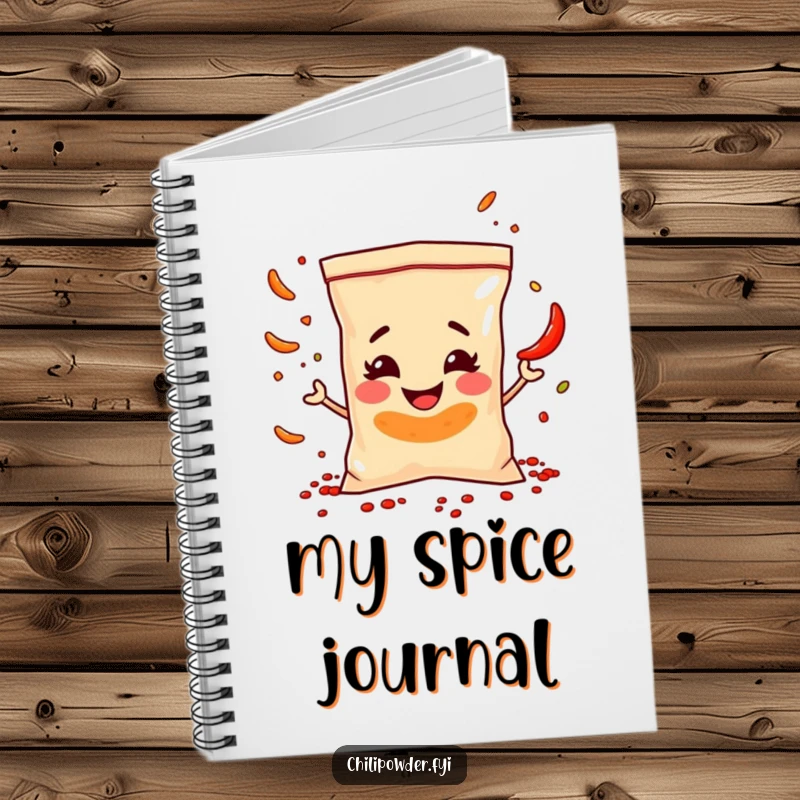 Funny Notebook: A chili powder bag with a mischievous smile juggles tiny spice flakes, ideal for jotting down funny ideas.