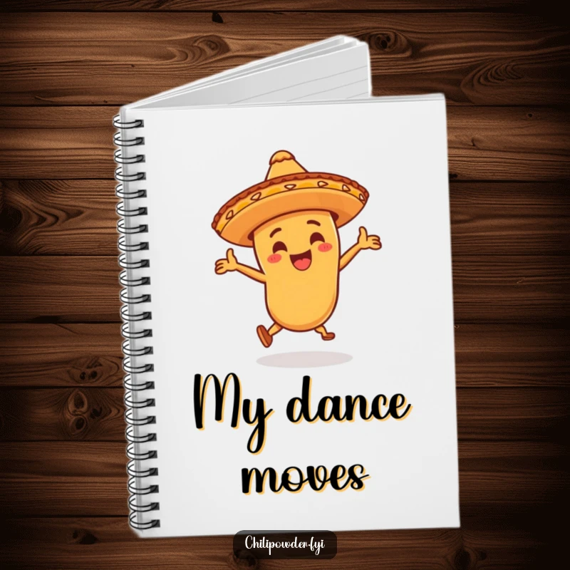 Funny chili powder character wearing a little sombrero, dancing wildly on a notebook, inspiring notes about celebrations and festive fun.