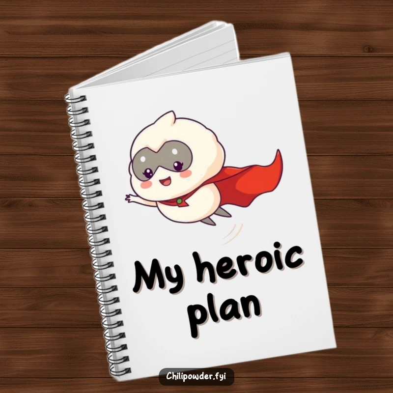 Funny chili powder puff hero, cape flying, soaring through the air on the cover of a notebook.