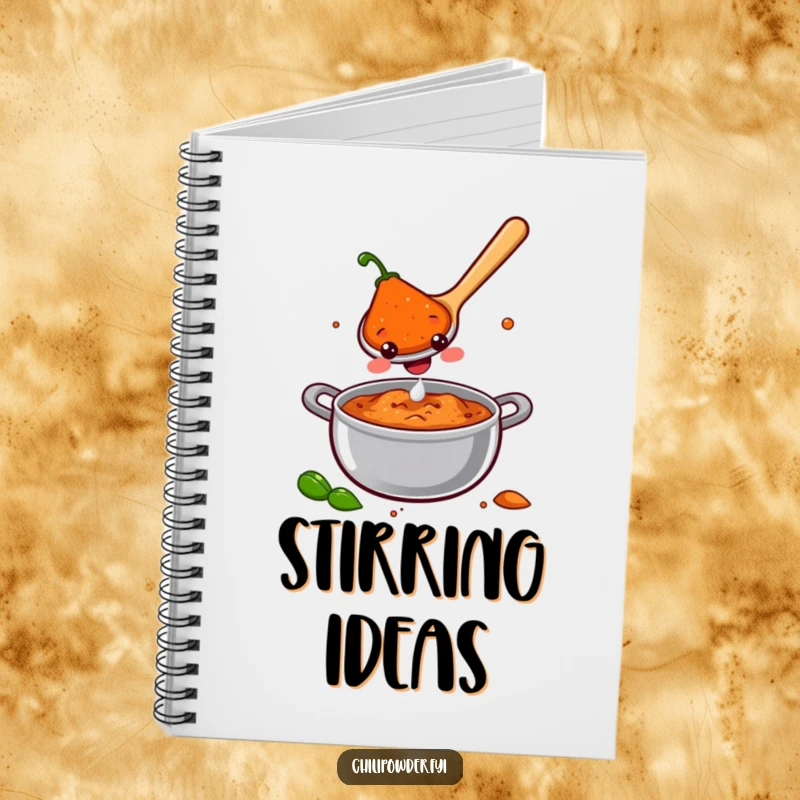 A smiling chili powder spoon stirring a pot of joy, featured on a notebook cover for a cheerful and humorous writing experience.