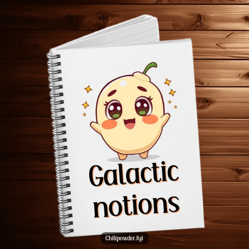 Funny notebook cover illustrated with a delighted chili powder character with wide eyes, shooting tiny comets, inspiring space exploration.