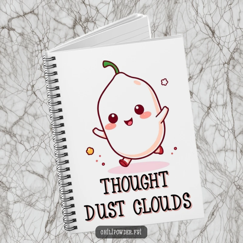 Funny kawaii chili powder doing a playful hop with a puff of dust, perfect for jotting down energetic notes.
