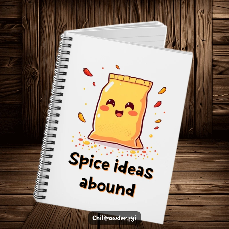 Funny Kawaii chili powder bag smiling happily while scattering colorful spices, a humorous notebook for creative minds.