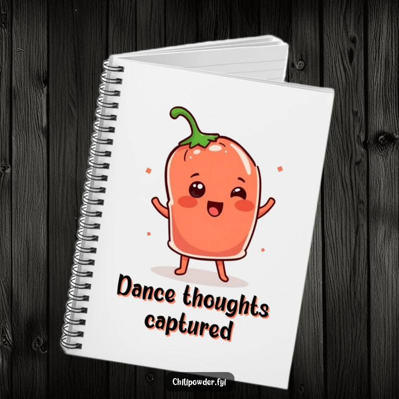 Funny Kawaii chili powder pouch doing a cheerful shimmy dance, a humorous notebook for creative minds.