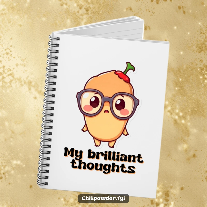 Funny Kawaii Chili Powder Notebook: An adorable, surprised kawaii chili character in large glasses, perfect for jotting down notes.