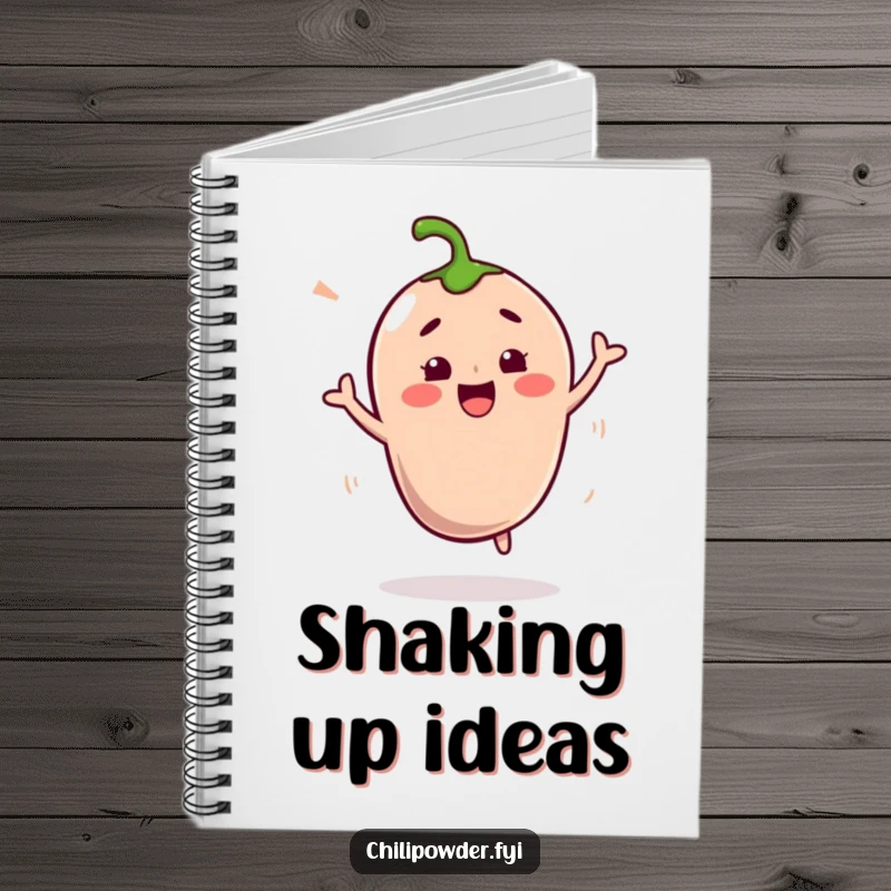 Funny Kawaii Chili Powder Notebook: A cute chili character performing a joyful shimmy, ideal for note-taking with a spicy twist.