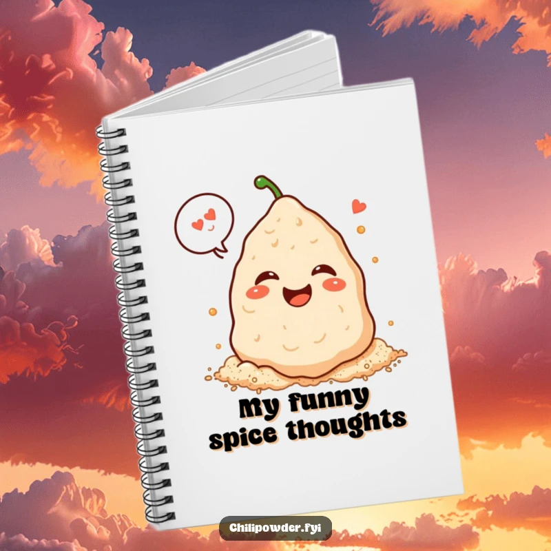 Funny Kawaii chili powder pile laughing heartily with a speech bubble on a notebook, inspiring jokes and creativity.
