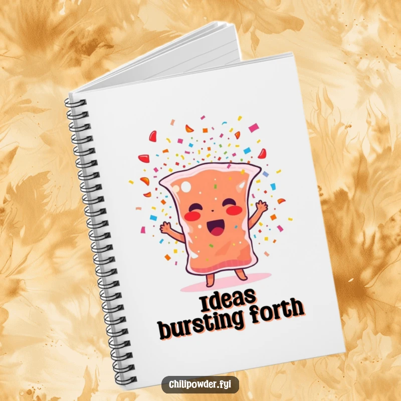 Funny chili powder notebook with a spice bag character bursting with confetti, perfect for jotting down ideas with a festive vibe.