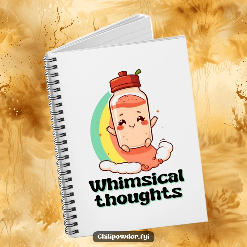 Funny notebook cover illustrated with a chili powder shaker with a playful smirk, sliding down a rainbow, inspiring colorful thoughts.