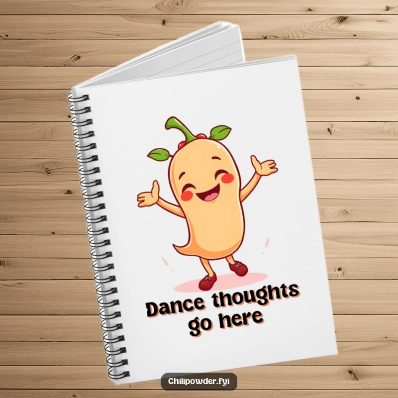 Funny notebook cover illustrated with a happy chili powder character energetically dancing salsa, ready for creative sparks.