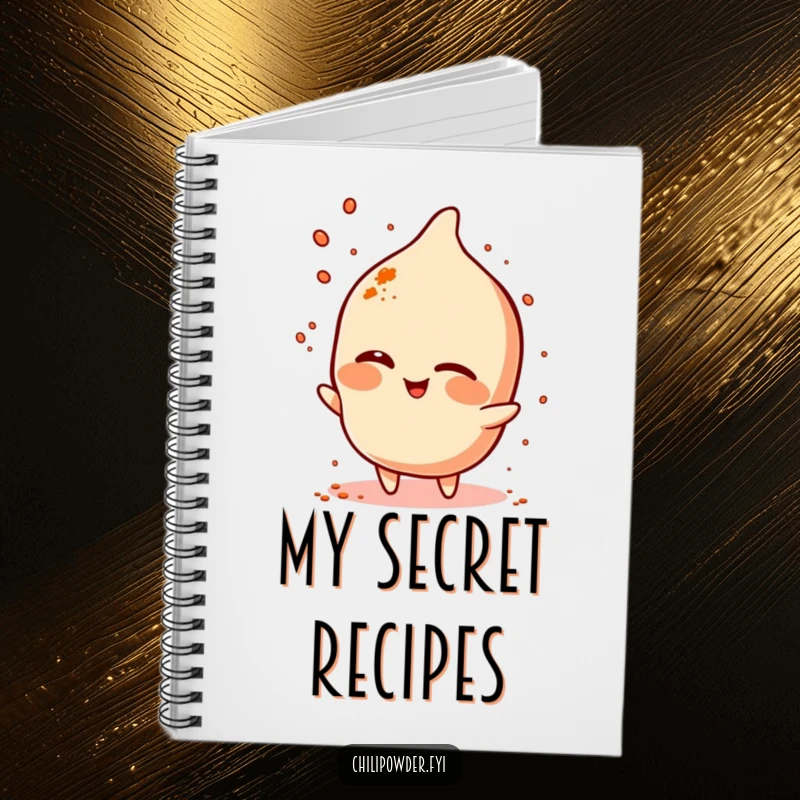 Funny chili powder character winking and sprinkling spice on a notebook, ready for creative ideas.