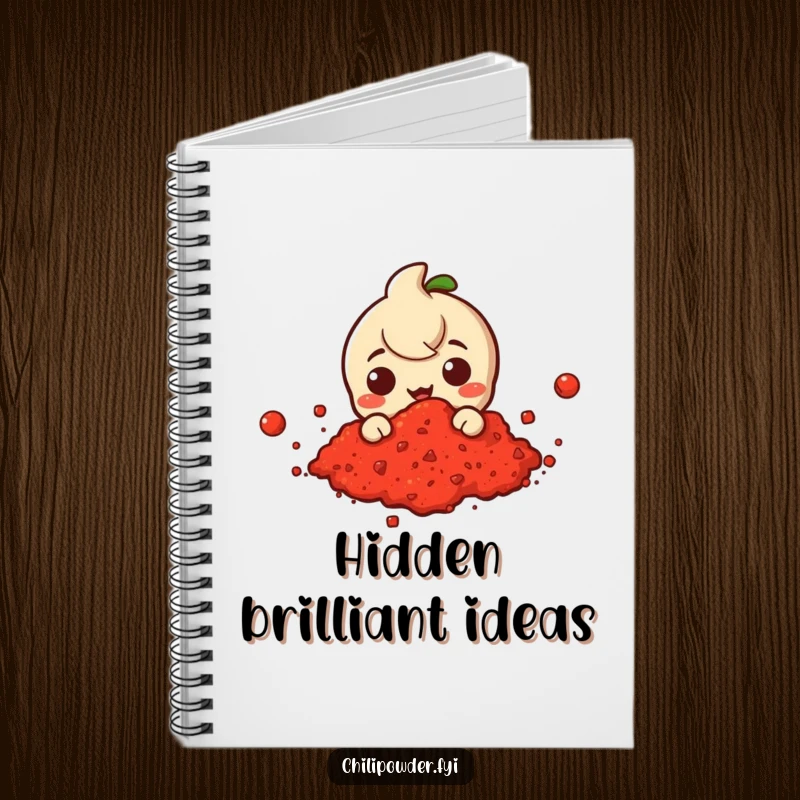 Funny notebook featuring a chili powder character peeking from a colorful cloud of red chili powder, perfect for creative notes.