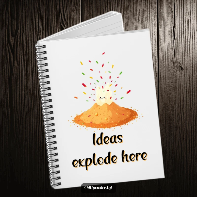 Funny chili powder exploding in a confetti pattern, featured on a notebook cover for a cheerful and humorous writing experience.