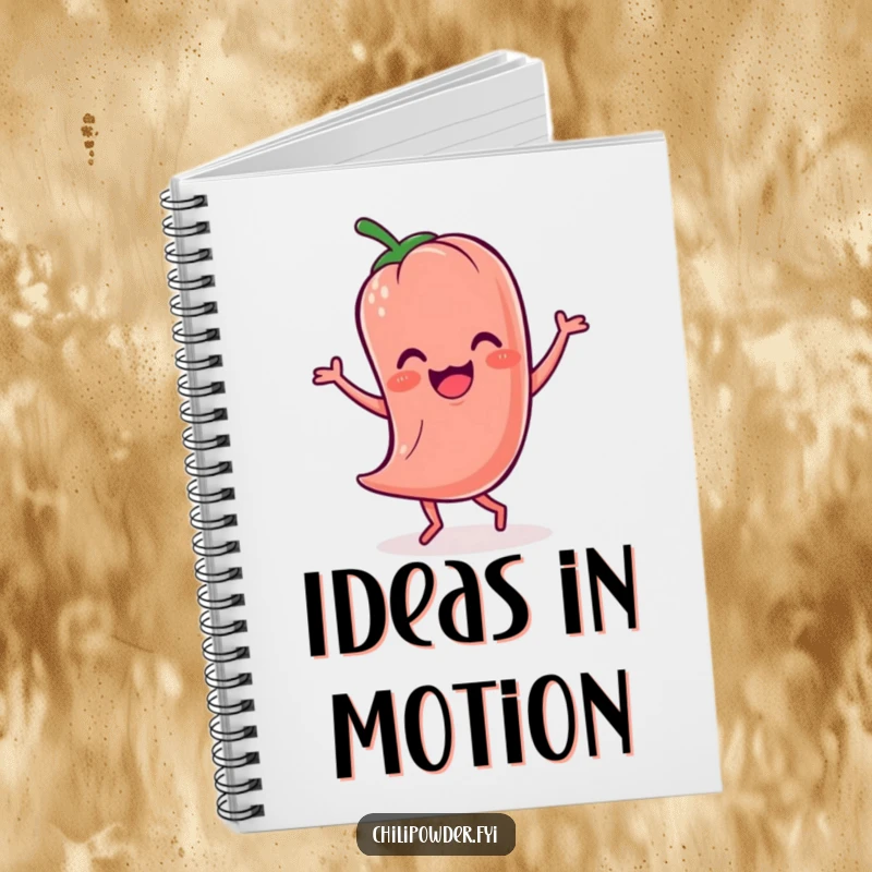Funny Kawaii chili powder character doing a lively jig on a notebook cover, perfect for humorous notes.