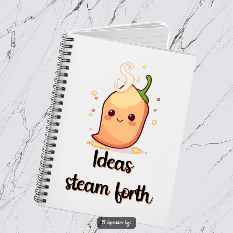 Funny kawaii chili powder with playful steam swirls around its head, perfect for jotting down passionate notes.