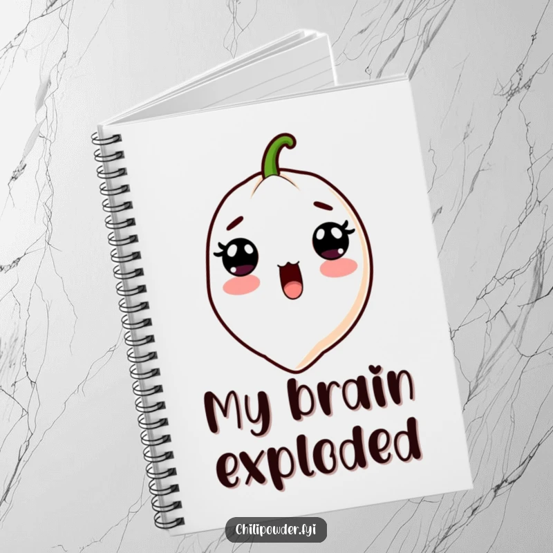 Funny Kawaii Chili Powder Notebook - A cute cartoon chili powder character with wide surprised eyes and an open mouth, perfect for spicy journaling.