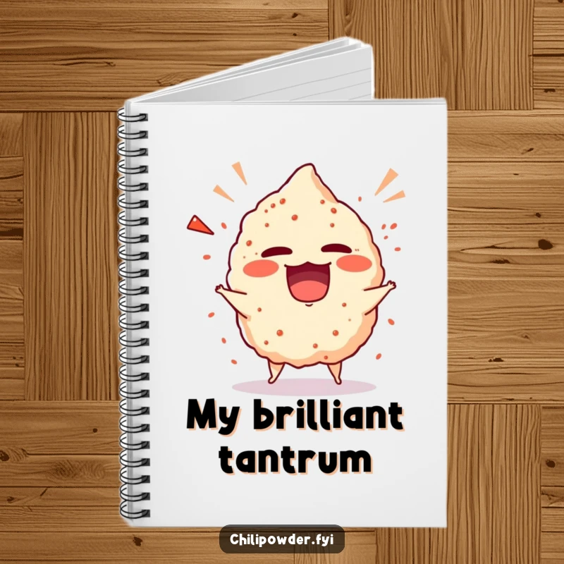 Funny chili powder puff in a playful, giggling tantrum on the cover of a notebook, ready for notes.