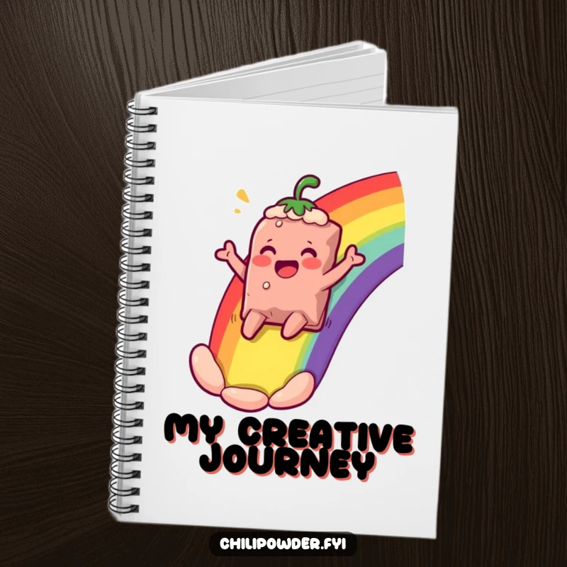 Funny chili powder bag character sliding down a rainbow, cheering comically, adorning a notebook for cheerful and inspired note-taking.