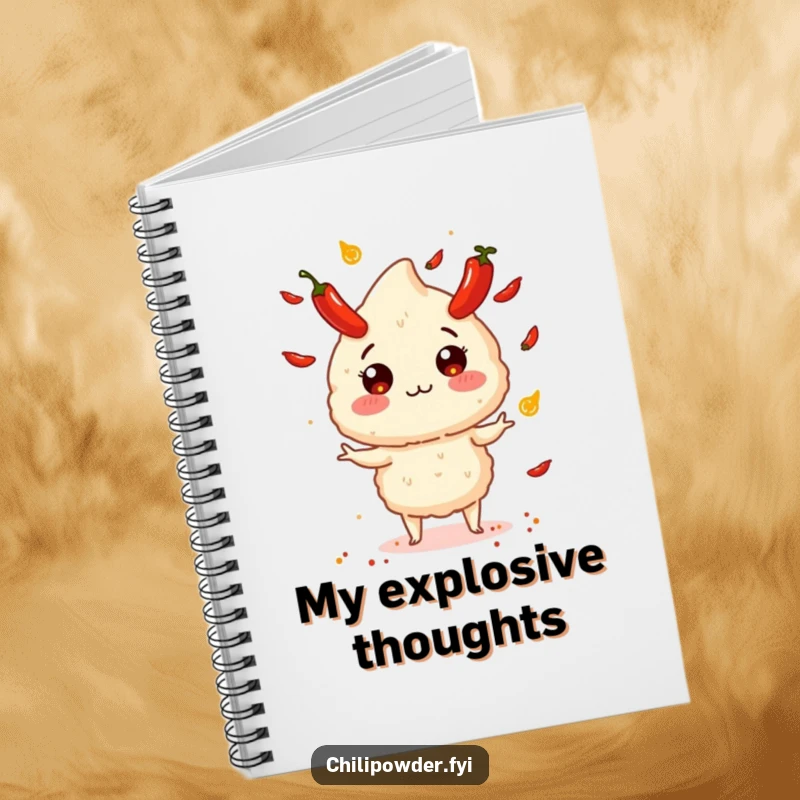 Funny chili powder puff juggling tiny exploding peppers on the cover of a notebook, ready for exciting notes.