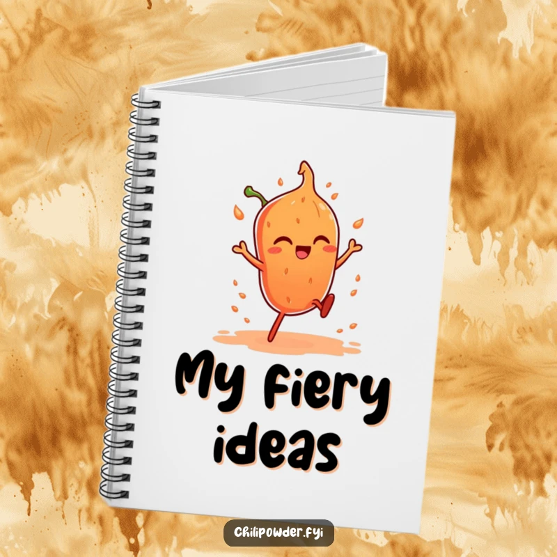 Funny notebook featuring a chili powder character with tiny legs doing a fiery dance, perfect for note-taking with a humorous twist.