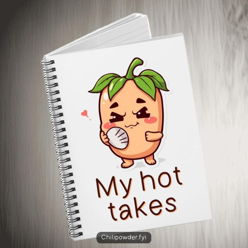 Funny chili powder character with a happy grimace, fanning its face on a notebook, inspiring notes about heat and spicy experiences.