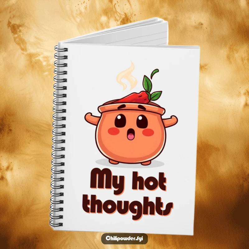 Funny notebook cover with a chili powder pot character looking surprised and steaming, for capturing notes with a humorous twist.