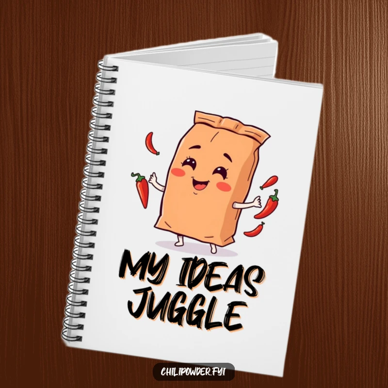 Funny chili powder bag character juggling small chili peppers with a playful smirk, adorning a notebook for organized and humorous note-taking.