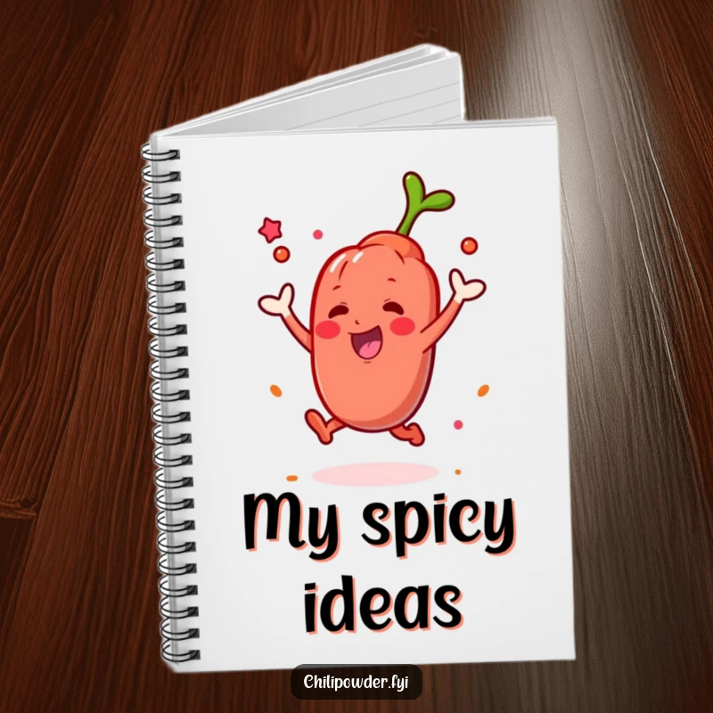 Funny Kawaii chili powder character leaping with a spice puff on the cover of a notebook, perfect for jotting ideas.