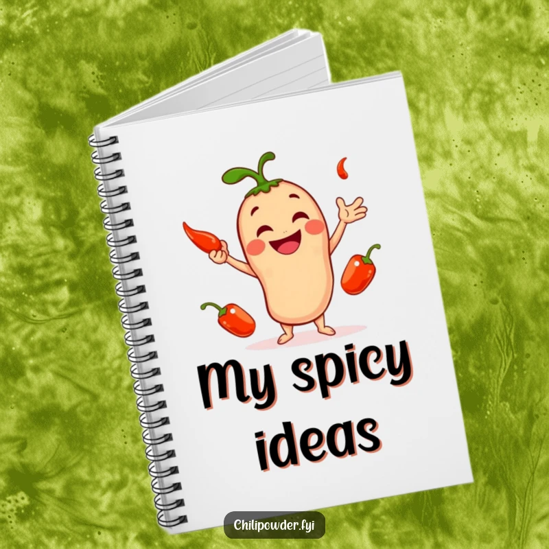 Funny notebook featuring a smiling chili powder character juggling three small, red peppers, perfect for creative note-taking.