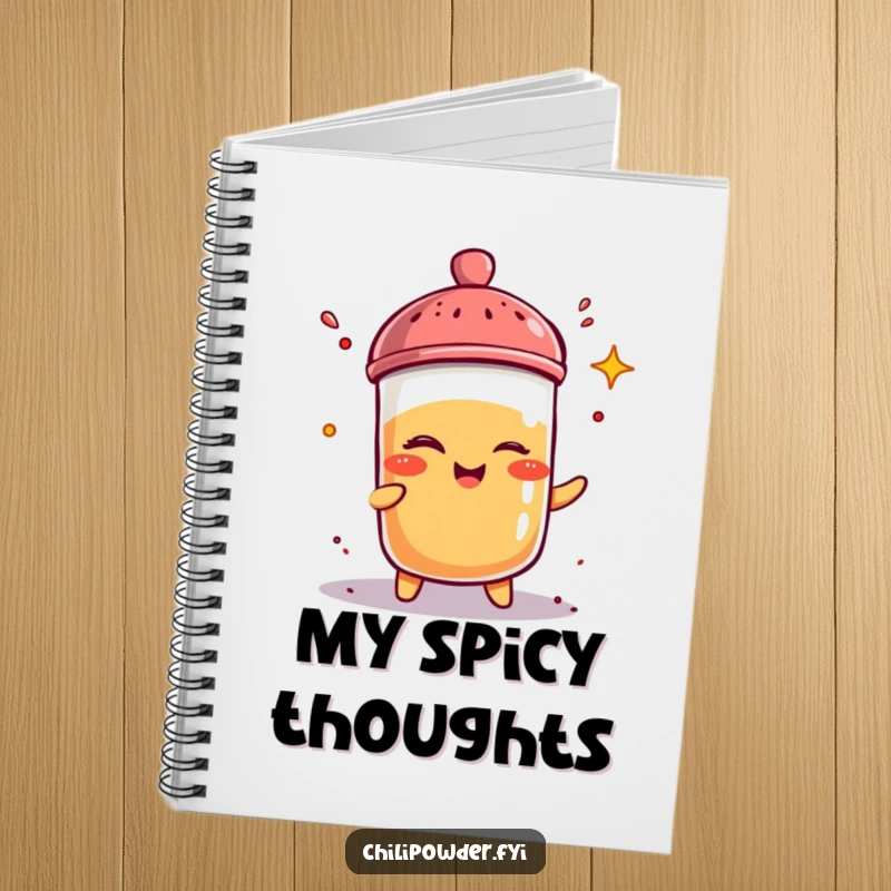 Funny, winking chili powder shaker character on a notebook, perfect for jotting down spicy ideas and humorous thoughts.