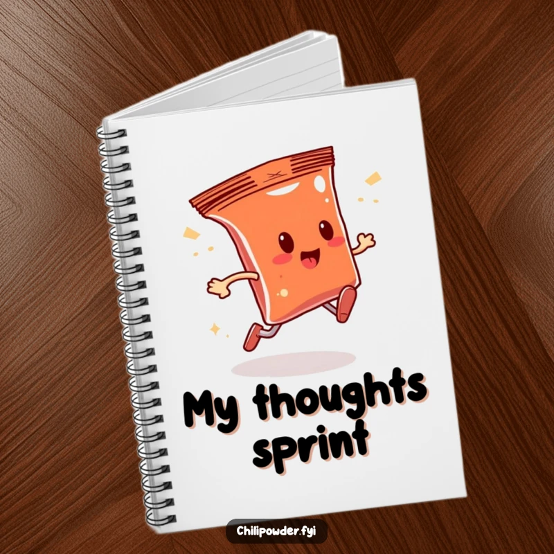 Funny chili powder bag character running quickly with a sparkly trail, adorning a notebook, ideal for capturing ideas with humor.